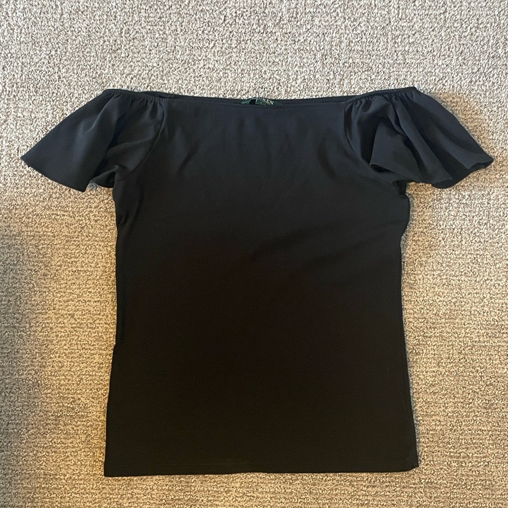 Lauren Ralph Lauren Black Off-Shoulder Flutter Sleeve Top